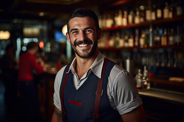 Obraz premium attractive bartender serving drinks in a pub, sports bar, restaurant, taking care of its customers; happy, smiling, good-looking alcohol server, waiter, waitress