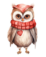 Cute animal owl, valentine's day, watercolor clipart illustration with isolated background
