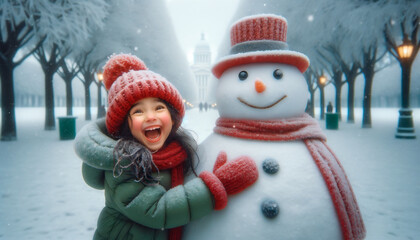 Happy child girl hugs a snowman against the backdrop of a winter snowy city square.