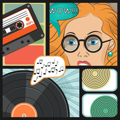 Shocked girl listens to music on vinyl record and audio cassette, enjoying the quality of analog sound. Comics style, collage. Vector illustration