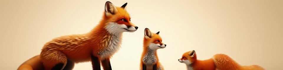 Obraz premium Three Foxes in a Harmonious Cartoon Setting