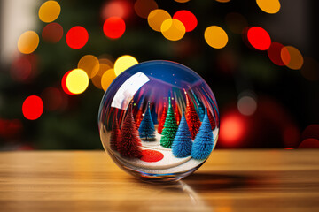 Fototapeta na wymiar This is a crystal ball on a wooden surface reflecting miniature Christmas trees with blurred lights in the background.