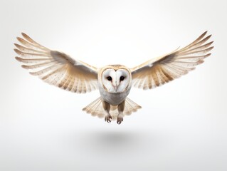 Majestic Barn Owl Soaring High: Unleashing True Wilderness in a Stunning White Backdrop Generative AI