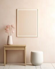 Exquisite Golden Accents: Enhancing a Simple Beige Wall with a Framed Vase and Stool Generative AI