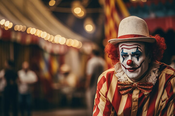 Obraz premium A clown in traditional makeup and costume at a carnival, with blurred lights in the background.
