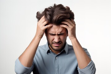 Naklejka premium Capture the struggle of a headache with this powerful image, perfect for health and wellness themes.