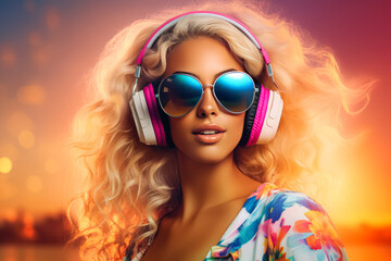 A glamorous woman enjoys music on headphones at sunset, her hair flowing in the breeze.