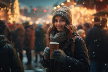 mujer joven con ropa de invierno, gorro de lana y sonriente sosteniendo un café entre sus manos en una calle iluminada con decoración navideña y fondo desenfocado - obrazy, fototapety, plakaty