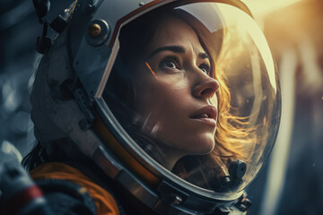 An astronaut with a reflective visor looks on, sunlight highlighting her contemplative face. - obrazy, fototapety, plakaty