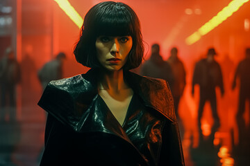 Fototapeta premium A woman with a sharp bob haircut in a leather jacket stands assertively in a neon-lit corridor, her expression intense.