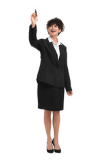 Beautiful happy businesswoman with marker on white background