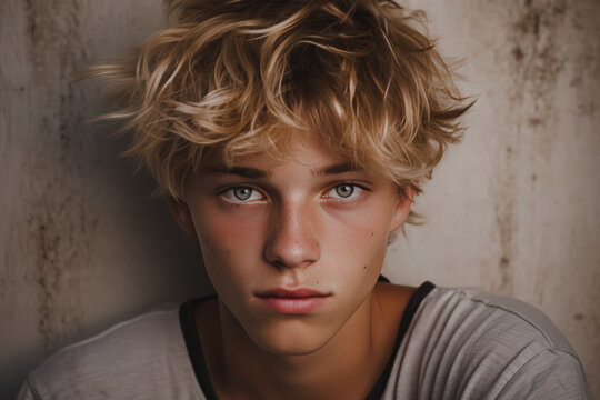 Portrait of a young male with tousled blonde hair and striking blue eyes, wearing a casual t-shirt, against a concrete wall.