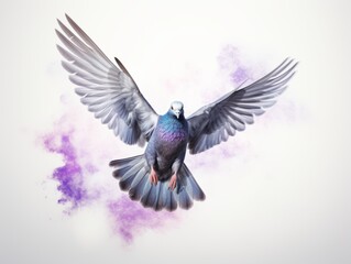 Obraz premium Stunning Capture of a Solo Pigeon Soaring against Pristine White Backdrop Generative AI