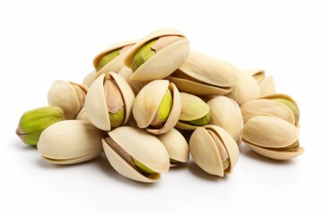 Fototapeta premium Unveiling the Delightful Taste: Stunningly Captured Pistachios on White Canvas Generative AI