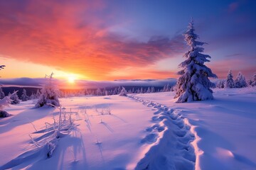 sunset over the river on a cozy winter snow landscape