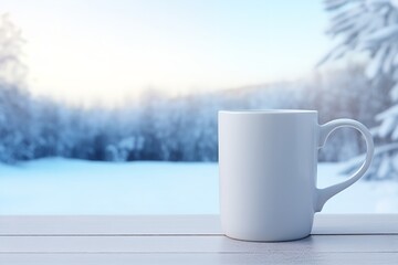 empty blank mug cup mockup on winter snow background