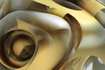 3d render of abstract art background with part of surreal 3d organic alien ball bubble or sphere in curve wavy smooth and soft biological organic lines forms in glossy glass and metal gold core parts 