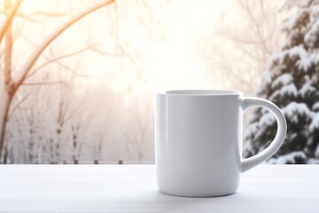 empty blank mug cup mockup on winter snow background