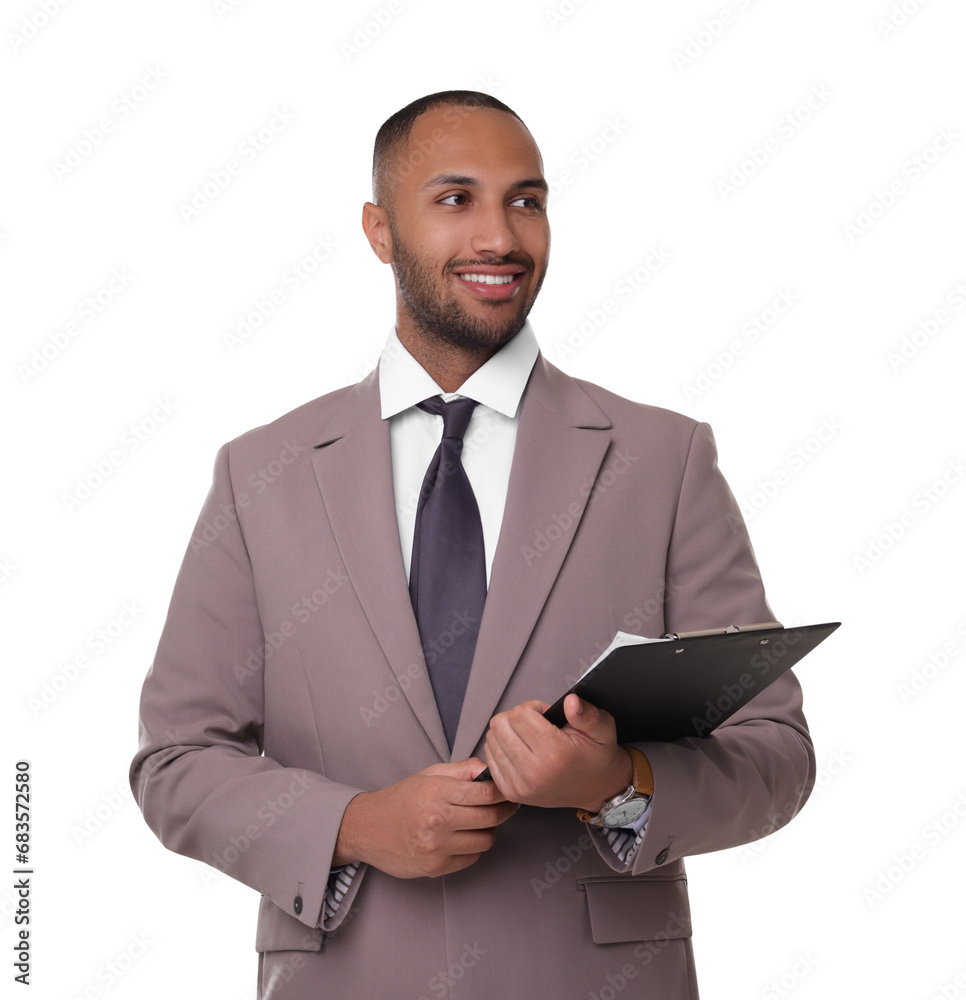 Wall mural Portrait of happy man with clipboard on white background. Lawyer, businessman, accountant or manager