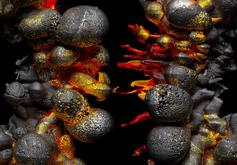 3d render of abstract art with parts of surreal blossom alien flower or round explosive smoke structure based on small balls spheres sand particles in yellow orange red gold and black color