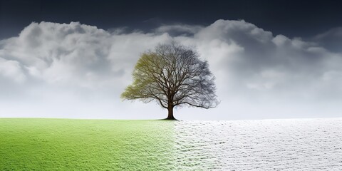tree in the field mix between snow and green grass