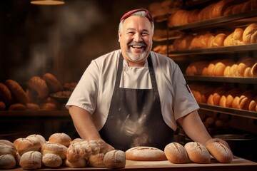 Bakery worker with a diverse selection of freshly baked bread and buns in a warm, inviting bakery. A fat, kind, smiling middle-aged man baker in apron.