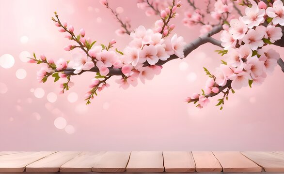 Photorealistic close up Chinese plum tree branches with pink blossoms, on the right side and upper corner, scattered bokeh lights pink background, light sonoma oak wooden foreground for product