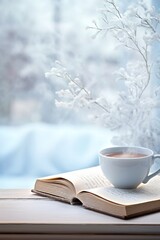 cup of hot coffee on table in a cozy ambient with a snow winter background