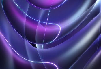 3d render abstract art background with part of surreal alien flower in curve wavy round and spherical lines forms transparent fluorescent plastic material in neon purple glowing color with laser lines