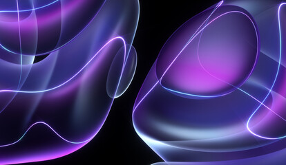 3d render abstract art background with part of surreal alien flower in curve wavy round and spherical lines forms transparent fluorescent plastic material in neon purple glowing color with laser lines