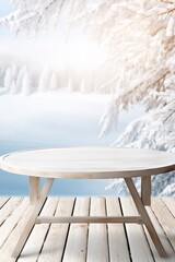 Snowy Table Against Winter Landscape of Trees Covered with Snow for Product Advertisement Mockup