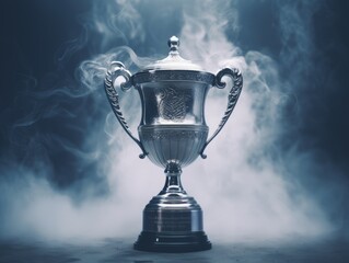 Unveiling the Silver Trophy: An Enigmatic Discovery in the Smoke - Witness the Wonder! Generative AI - obrazy, fototapety, plakaty