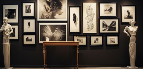 Decorate a wall with artistic prints and wall sculptures. Photograph it from an angle that highlights the art pieces.