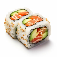 Indulge in Delight: Tempting Sushi Roll with Fresh Salmon & Crunchy Cucumber! Generative AI