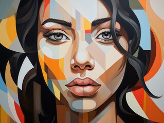 Exploring Abstract Art: Mysterious Beauty of a Geometric Girl's Face Generative AI