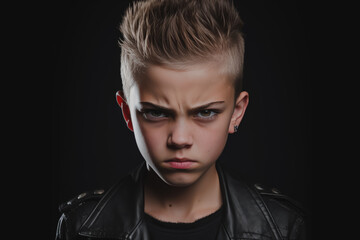 A rebellious child with a punk hairstyle and a leather jacket scowling against a black background.