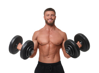 Fototapeta na wymiar Young bodybuilder exercising with dumbbells on white background
