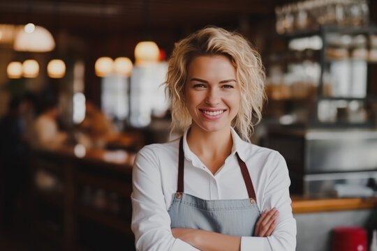 Confident female chef with a warm smile, standing in a bustling restaurant kitchen wearing a white shirt and apron. - Powered by Adobe