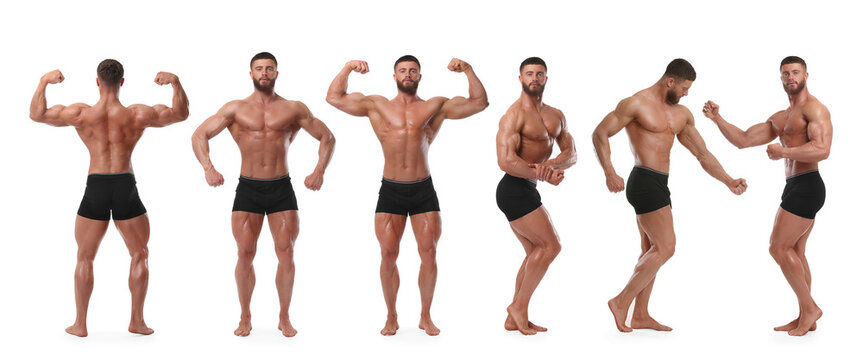Handsome bodybuilder in underwear posing on white background, set of photos