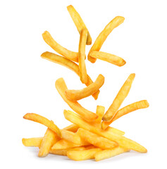 Tasty French fries falling into pile on white background