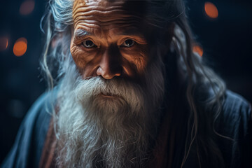 Portrait of an aged man with a long white beard and wise eyes, evoking a sense of ancient wisdom and timelessness.