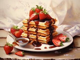 Decadent Breakfast Delight: Strawberry Topped Waffles to Start Your Day! Generative AI
