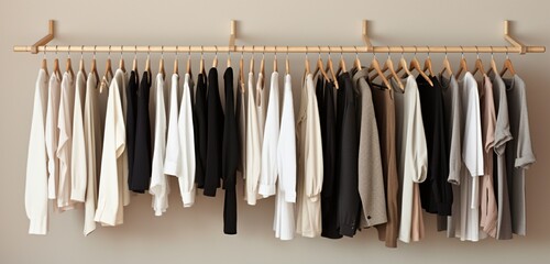 A well-organized minimalist closet with empty hangers.