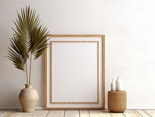 Fototapeta na wymiar Chic Wicker Armchair: Perfect Blend of Comfort & Aesthetics with Empty Picture Frame Generative AI