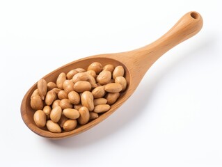 Crunchy Delight: Exquisite Close-Up of Peanuts in a Wooden Spoon on a Pristine White Backdrop Generative AI