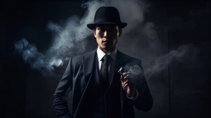 Handsome Asian Gangster Mafia Man in smoky studio shoot  - obrazy, fototapety, plakaty