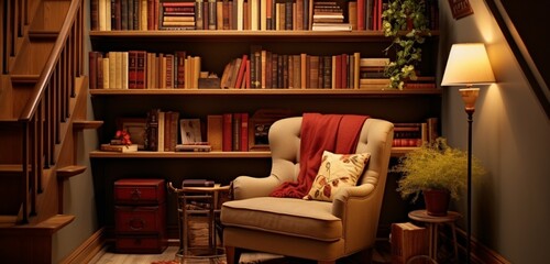 Craft a cozy reading nook with a comfy chair and bookshelves. Capture it from a bird's eye view to show the perfect reading spot.