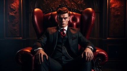 Redhead Gangster Mafia Man sat in his throne in a townhouse - obrazy, fototapety, plakaty