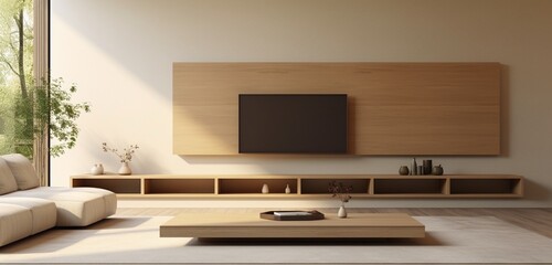 A minimalist living room with a floating entertainment unit.