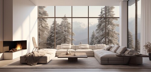 A minimalist living room with a large window.